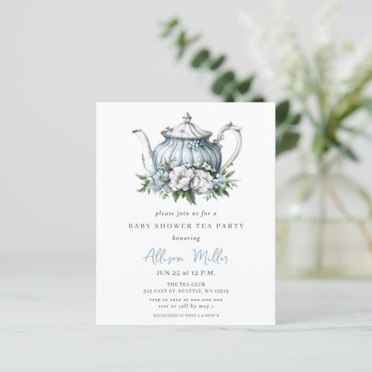 Budget Blue Tea Party Boy Baby shower Uitnodigen (Staand voorkant)