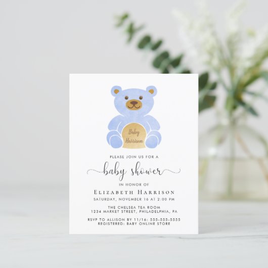 Budget Blue Teddy Bear Baby Shower Uitnodiging (Staand voorkant)