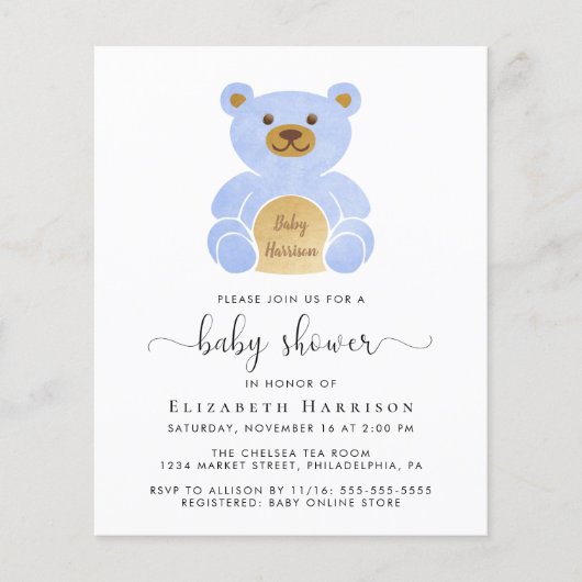 Budget Blue Teddy Bear Baby Shower Uitnodiging (Voorkant)