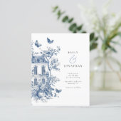 Budget Blue Toile De Jouy QR Bruiloft Save the Dat (Staand voorkant)