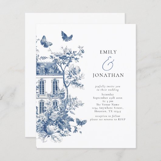 Budget Blue Toile De Jouy QR Code Bruiloft Uitnodi (Voorkant / Achterkant)