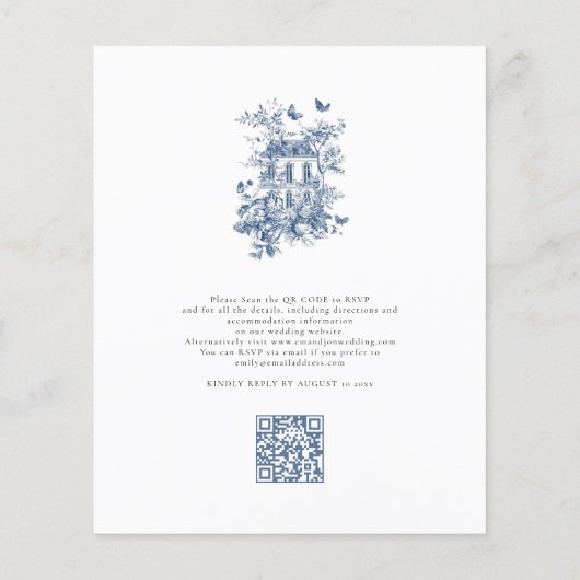 Budget Blue Toile De Jouy QR Code Bruiloft Uitnodi (Achterkant)