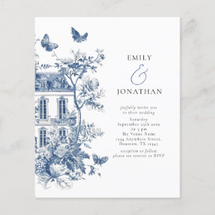 Budget Blue Toile De Jouy QR Code Bruiloft Uitnodi