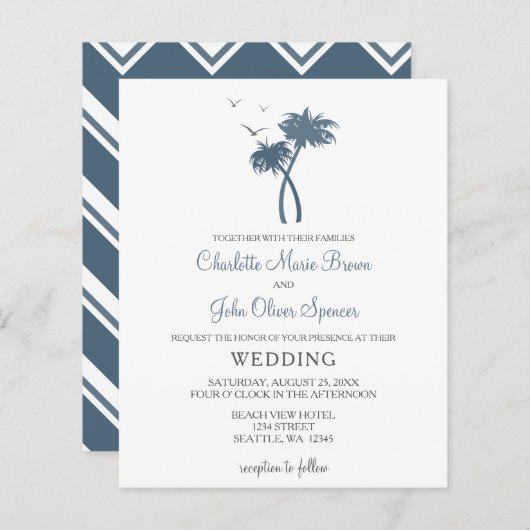 Budget Blue Tropical Palm Tree Wedding Invitations (Voorkant / Achterkant)