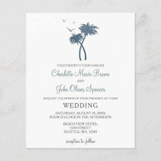 Budget Blue Tropical Palm Tree Wedding Invitations (Voorkant)