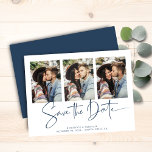 Budget Blue Typography Wedding Save the Date<br><div class="desc">BEGROTING Moderne Handgeschreven Sparen de Meervoudige Kaart van de Foto van de Datum in klassiek blauw en wit in een doopvont die elegant is en een romantisch handgeschreven gevoel oproept. Ontworpen om drie van uw favoriete foto's te gebruiken voor extra aanpassingen. Voeg eenvoudig uw namen en datums toe voor een...</div>