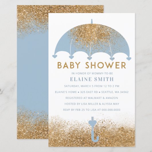 Budget Blue Umbrella Boy Baby shower Invitation (Voorkant / Achterkant)