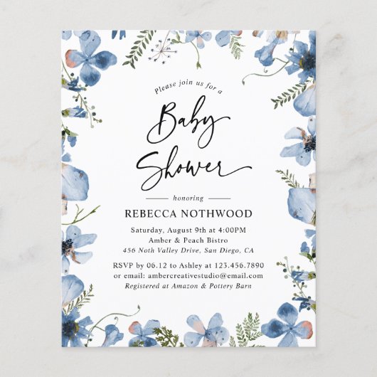 Budget Blue Violet Floral Baby shower Uitnodiging (Voorkant)