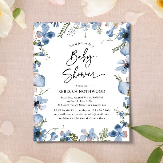 Budget Blue Violet Floral Baby shower Uitnodiging
