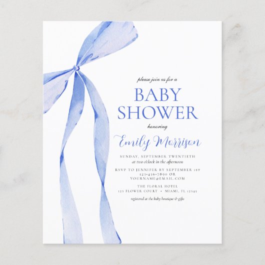 Budget Blue Waterverf Bow Boy Baby shower Flyer (Voorkant)