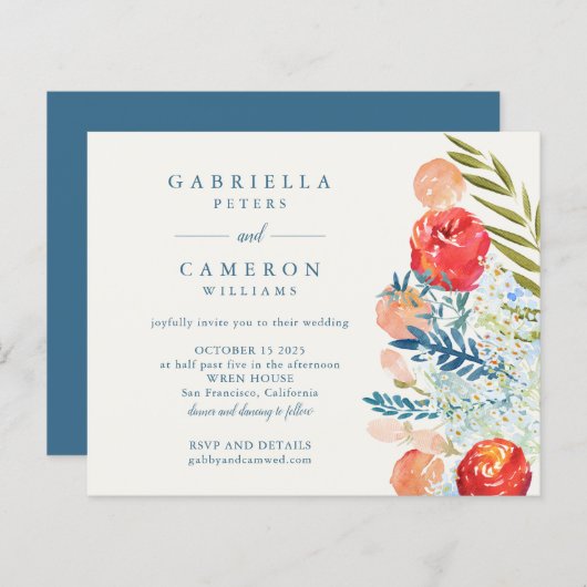 Budget Blue Waterverf Florals Boho Wedding Invite (Voorkant / Achterkant)