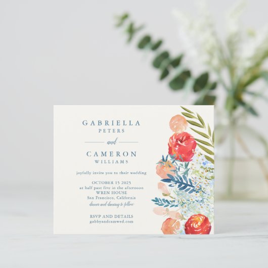 Budget Blue Waterverf Florals Boho Wedding Invite (Staand voorkant)