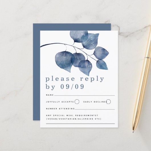 Budget Blue Waterverf Foliage Wedding RSVP (Voorkant / Achterkant in situ)