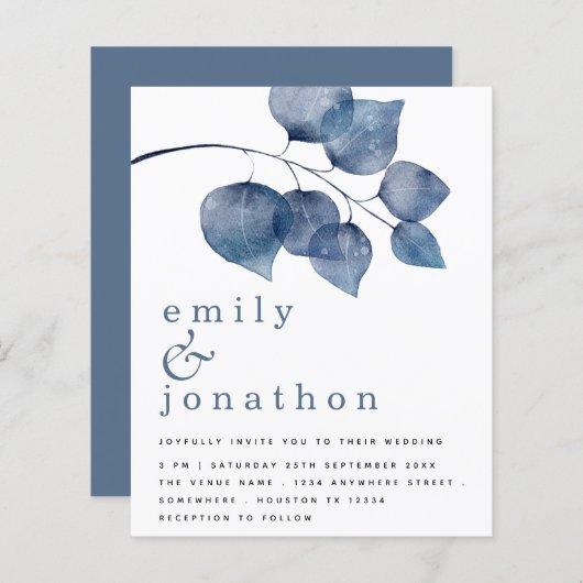 Budget Blue Waterverf Foliage Weduwen Uitnodiging (Voorkant / Achterkant)
