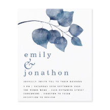 Budget Blue Waterverf Foliage Weduwen Uitnodiging