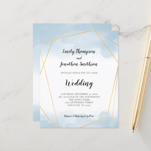 Budget Blue Waterverf Gold Geometric Wedding (Voorkant / Achterkant in situ)