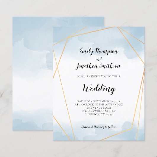 Budget Blue Waterverf Gold Geometric Wedding (Voorkant / Achterkant)