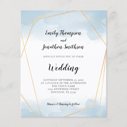 Budget Blue Waterverf Gold Geometric Wedding (Voorkant)