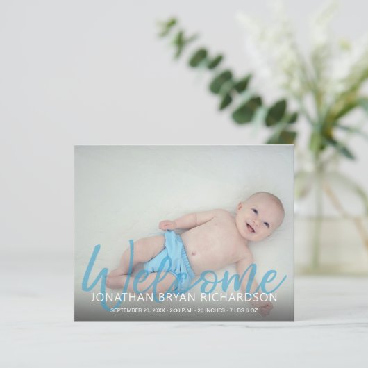Budget Blue Welcome Multi Photo Baby Aankondiging (Staand voorkant)