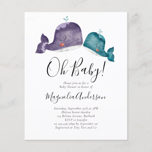 BUDGET Blue Whale Oh Baby shower Invitation (Voorkant)