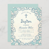 Budget Blue White Floral Lijst Baptism Uitnodiging (Voorkant / Achterkant)