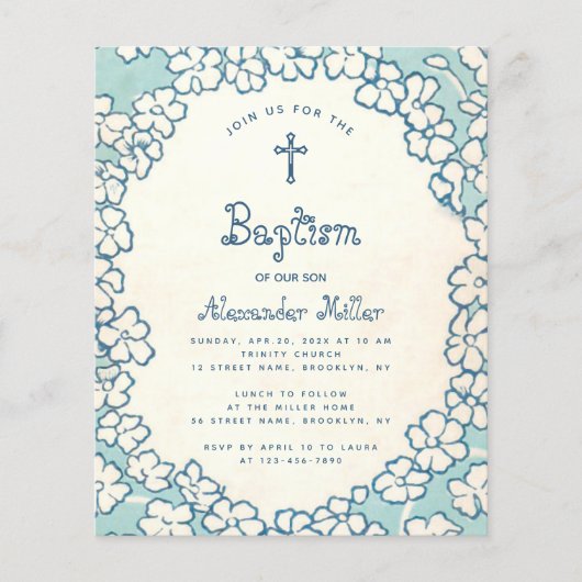 Budget Blue White Floral Lijst Baptism Uitnodiging (Voorkant)