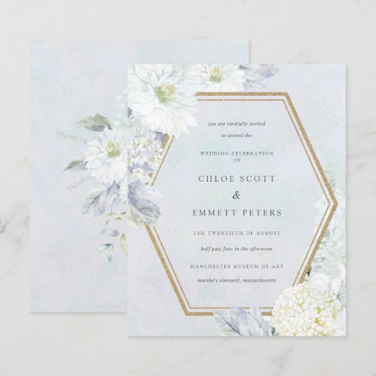 Budget Blue White Floral Wedding Invitation (Voorkant / Achterkant)