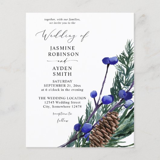 Budget Blue Winter Berries & Pine Greenery Wedding Flyer (Voorkant)