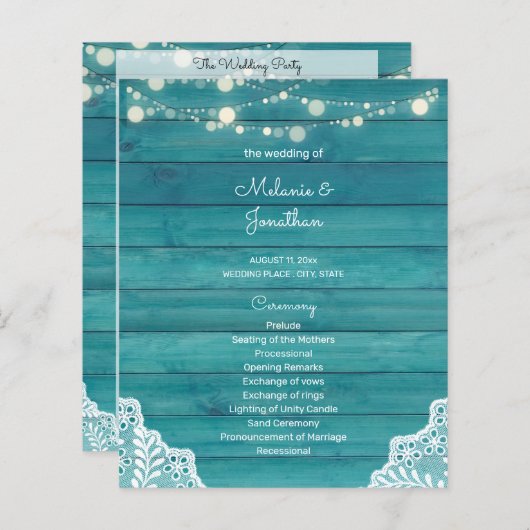 Budget Blue Wood, Licht, Lace Wedding Program (Voorkant / Achterkant)