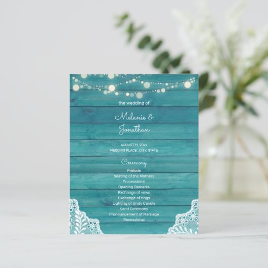 Budget Blue Wood, Licht, Lace Wedding Program (Staand voorkant)