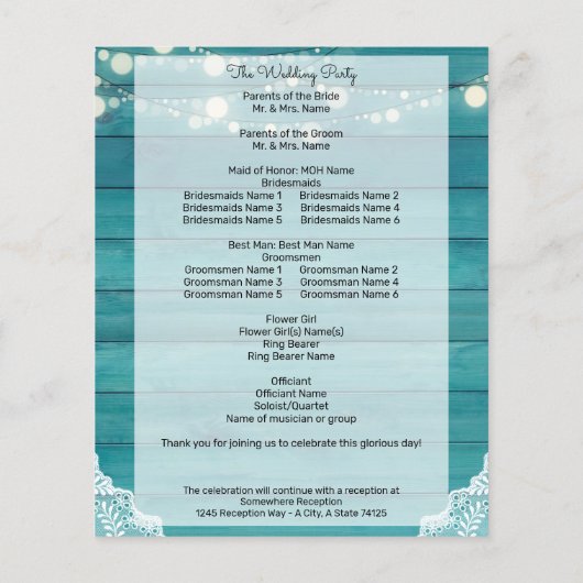 Budget Blue Wood, Licht, Lace Wedding Program (Achterkant)