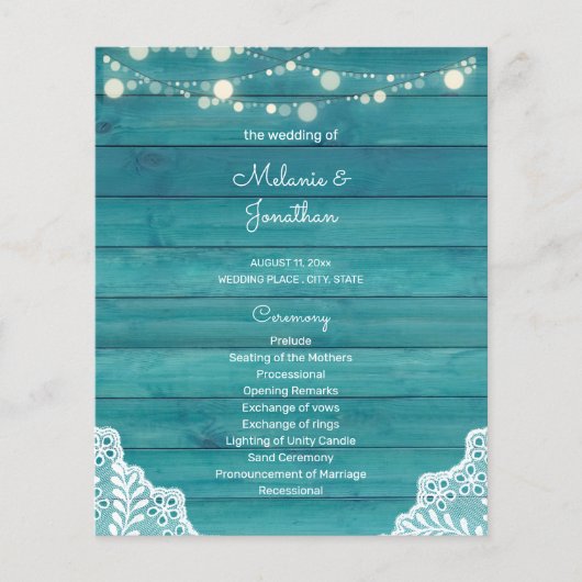 Budget Blue Wood, Licht, Lace Wedding Program (Voorkant)