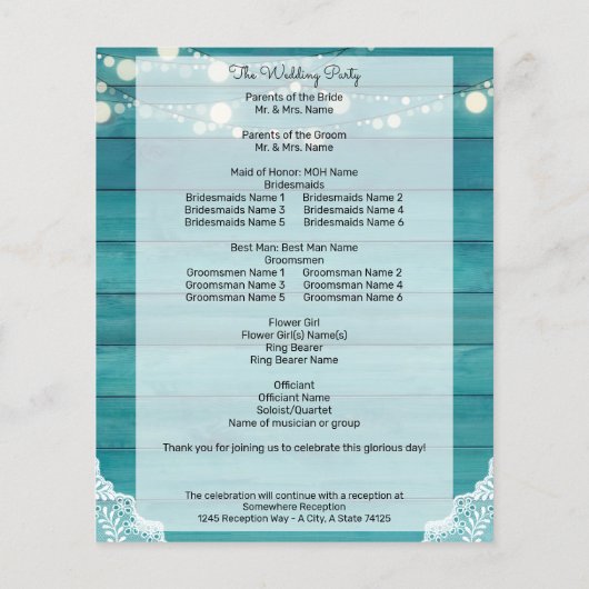 Budget Blue Wood, Lights, Lace Wedding Ceremony Flyer (Achterkant)