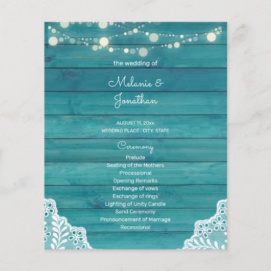Budget Blue Wood, Lights, Lace Wedding Ceremony Flyer (Voorkant)