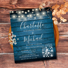 Budget Blue Wood Mason Jars Wedding Uitnodiging