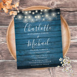 Budget Blue Wood String Lights Wedding Invitation<br><div class="desc">Een stijlvolle,  rustige uitnodiging voor een budgetbruiloft met  snaarlampen,  tekenstijlnamen en een stijlvolle tekentypografie op een blauwe,  rustige houtachtergrond. Ontworpen door: Thisnotme©</div>