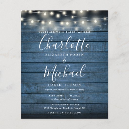 Budget Blue Wood String Lights Wedding Invitation (Voorkant)