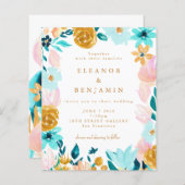 Budget Blue Yellow Floral Wedding Invitation (Voorkant / Achterkant)