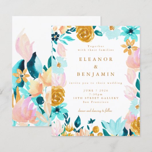 Budget Blue Yellow Floral Wedding Invitation (Voorkant / Achterkant)