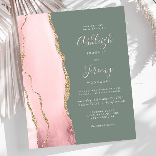 Budget Blush Agate Sage Green Wedding Uitnodiging