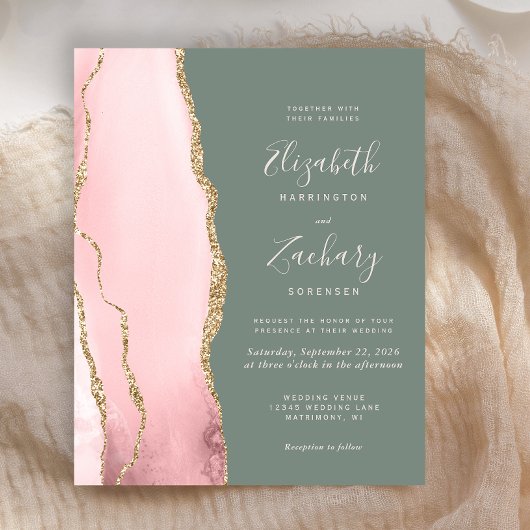 Budget Blush Agate Sage Green Wedding Uitnodiging