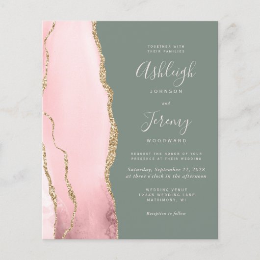 Budget Blush Agate Sage Green Wedding Uitnodiging (Voorkant)
