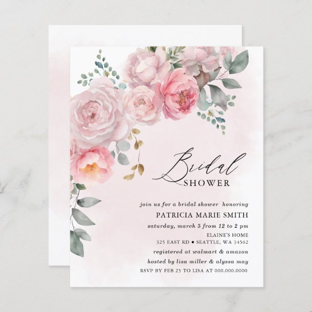 Budget Blush Bloemen Bruids Douche Uitnodigingen (Voorkant / Achterkant)