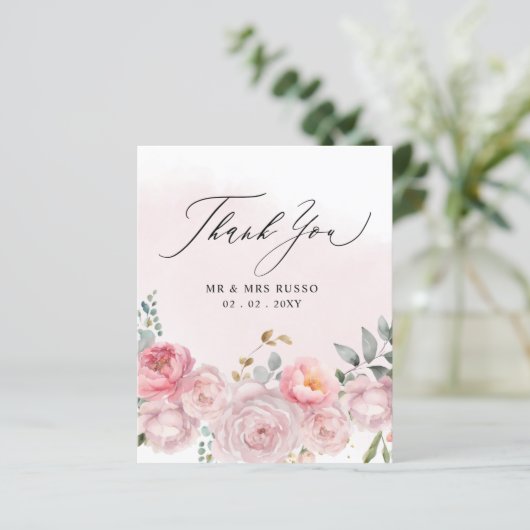 Budget Blush Bloemen Bruiloft Dank u kaart (Staand voorkant)