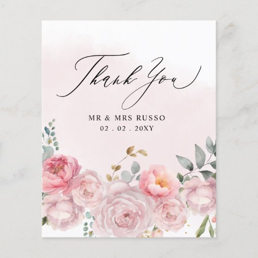 Budget Blush Bloemen Bruiloft Dank u kaart (Voorkant)
