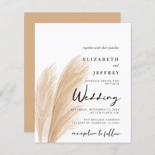 Budget Blush Boho Pampas Wedding Uitnodiging (Voorkant / Achterkant)