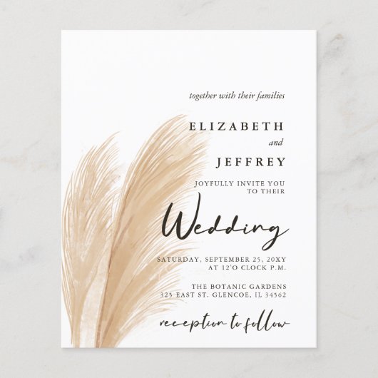 Budget Blush Boho Pampas Wedding Uitnodiging (Voorkant)