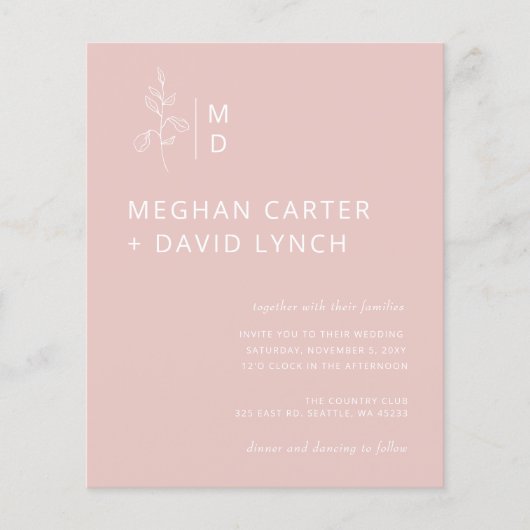 Budget Blush Botanische Monogram Trouwuitnodiging (Voorkant)