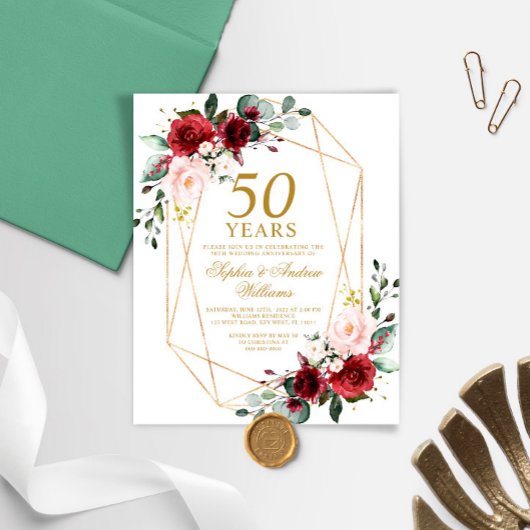 Budget Blush & Bourgondië Bruiloft Jubileum uitnod