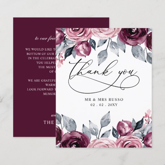 Budget Blush Burgundy Wedding Thank You Card (Voorkant / Achterkant)